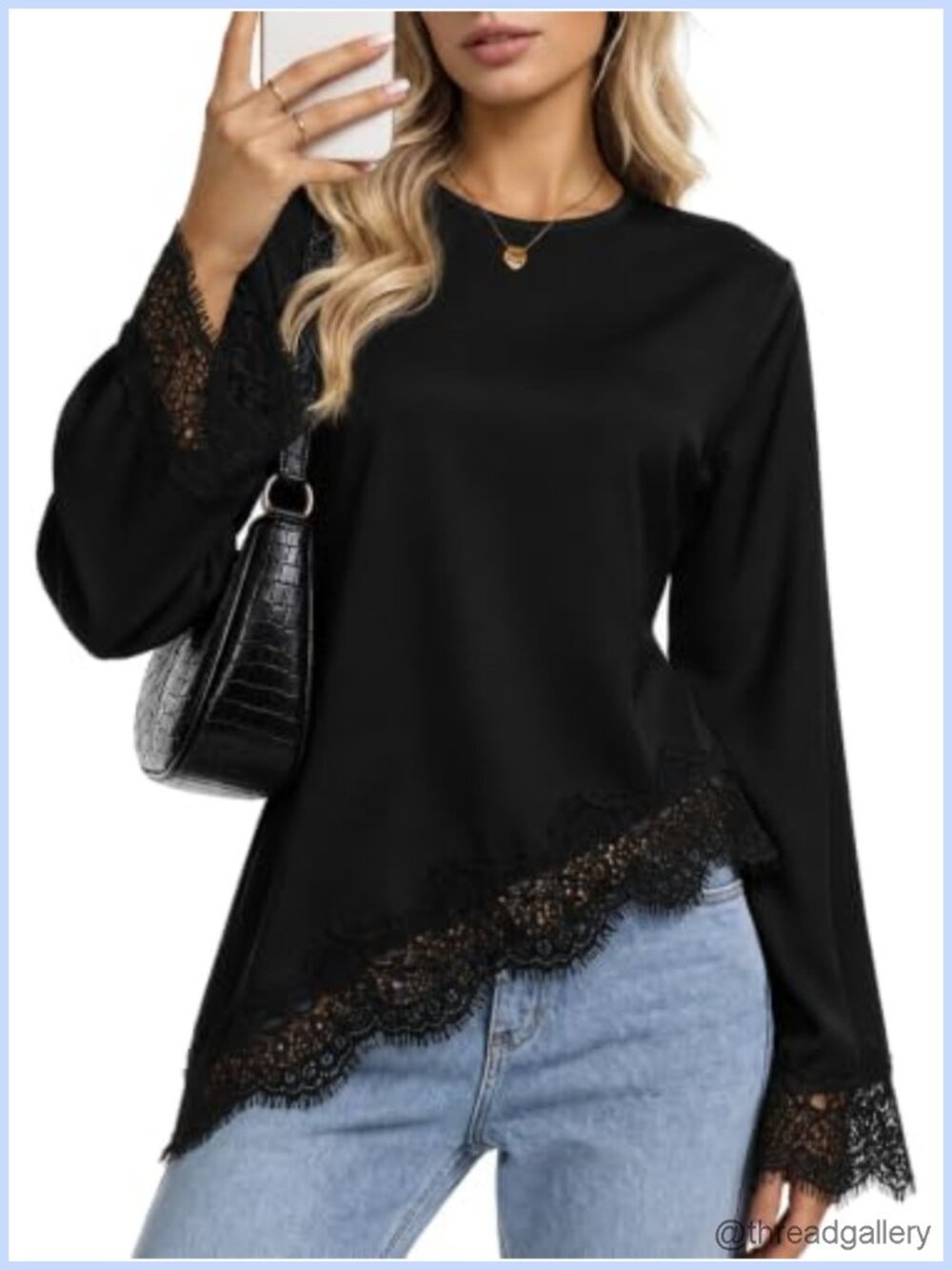 Women's Long Sleeve Wrap Blouse Tie Back Lace Trim Office Top